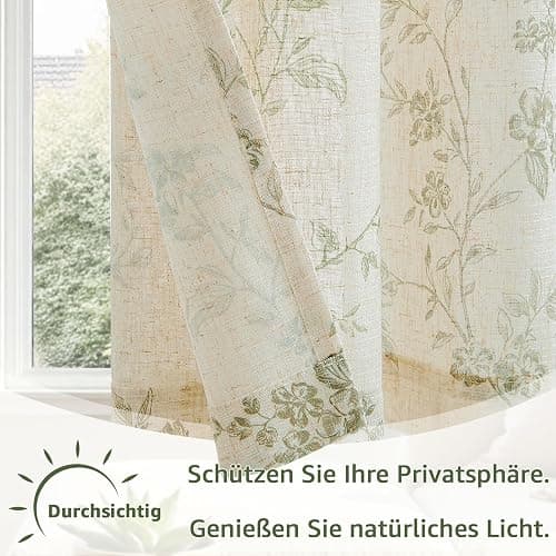 TOPICK Rideaux en lin, 65 x 60 cm avec motif floral, style champêtre, semi-transparent, pour printemps, cuisine, set de 2 pièces, vert sur blanc thumbnail 9