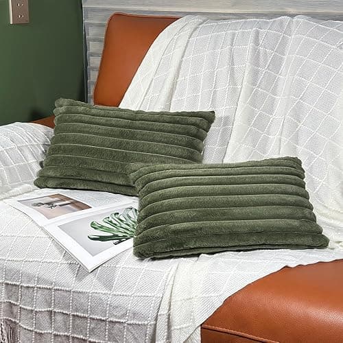 12x20 Throw Pillow Covers Set of 2, Decorative Faux Fur Covers for Bed, Couch Soft Fluffy Pillow Cover with Velvet Back for Living Room, Neutral Home Décor Accent for Sofa - Green - Green - 20" x 12" (Pack of 2) thumbnail 4