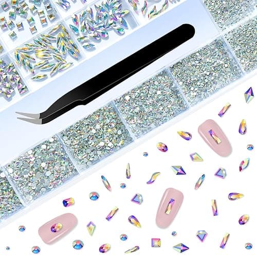 Glass Crystal AB Nail Jewels & Flatback Rhinestones Kit - Multi Shape Nail Gems & Diamonds 3D Charms with Wax Pencil & Tweezers thumbnail 2