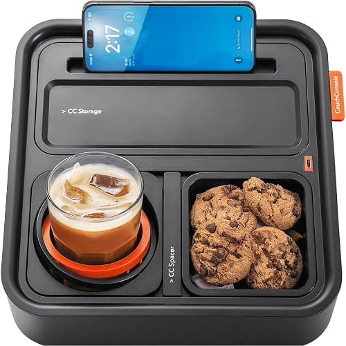 CouchConsole Original Tray - Drinks & Snacks Sofa Caddy with Armrest, Table with Phone Stand- TV Remote Control Storage and Organizer - for Living Rooms, RV, and Cars, Black/Orange - Image 1