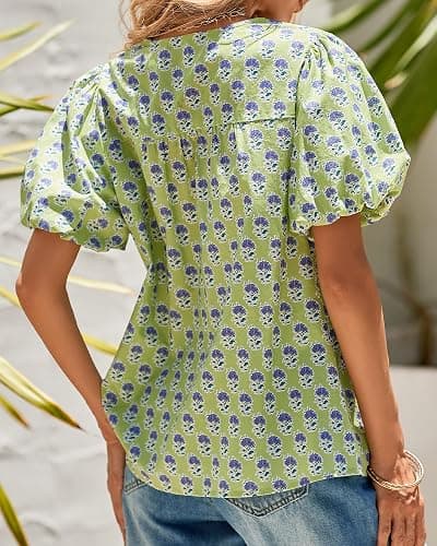 KIRUNDO Boho Tops for Women Summer 2026 Dressy Floral Blouse V Neck Drawstring Short Sleeve Shirts Beach Vacation Clothes thumbnail 3