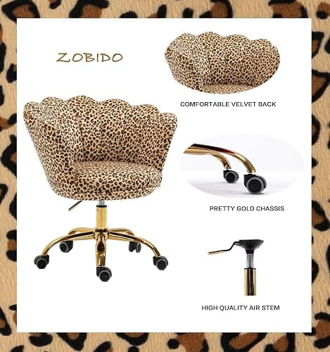 ZOBIDO Comfy Home Office Task Chair with Wheels, Cute Modern Upholstered Velvet Seashell Back Adjustable Swivel Vanity Desk Chair, for Women, for Girls, Living Room(Leopard Stripe) thumbnail 4