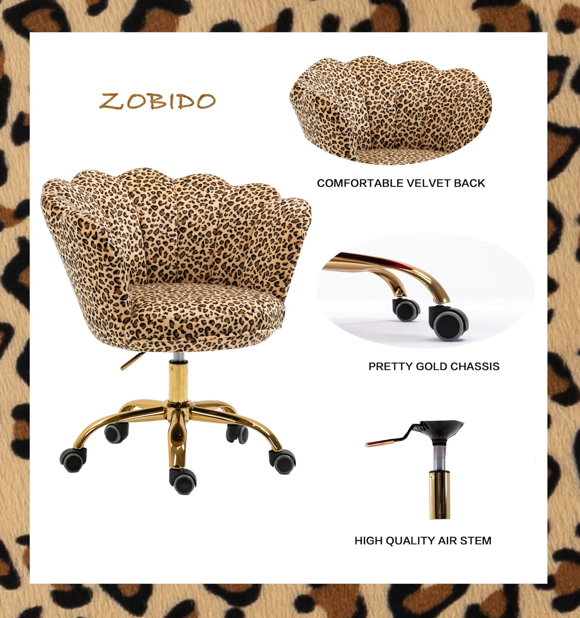 ZOBIDO Comfy Home Office Task Chair with Wheels, Cute Modern Upholstered Velvet Seashell Back Adjustable Swivel Vanity Desk Chair, for Women, for Kids, for Girls, Living Room(Leopard Stripe) thumbnail 4