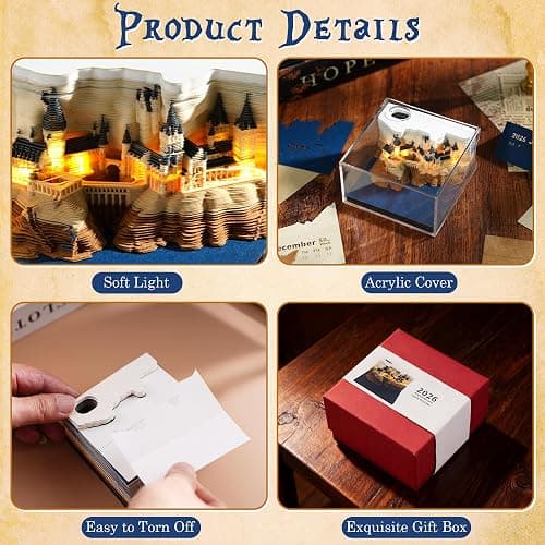 3D Time Piece Calendar 2026, Art Calendar Memo Pad 2026 Mini Desk Calendars Magic Castle with Lights, 3D Sticky Note Desktop Tear Off Calendar Gift for Christmas Office Decoration thumbnail 5