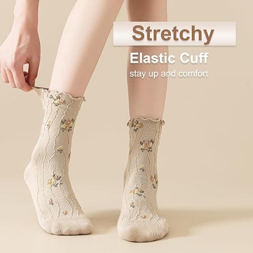 bropapa Womens Ruffle Crew Socks Vintage Patterned Ankle Casual Fashion Dress Sock Cute Lettuce Floral Socks 5/6 Pack thumbnail 6