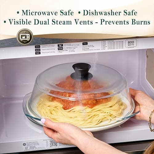 Le'raze Tall Glass Microwave Splatter Cover - Cool Touch Easy Grip Handle | Durable Borosilicate Glass, Plastic Free, Lead & BPA Free, Dishwasher Safe, Dual Steam Vents, Clear Food Plate Guard Lid thumbnail 5