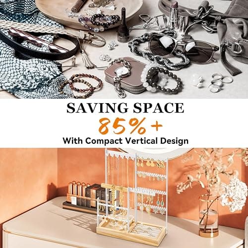 DreamGenius Jewelry Organizer Stand with Velvet Ring Holder, 4 Tier Jewelry Holder Organizer with 11 Hooks for Necklaces and 132 Holes for Earrings, White thumbnail 4