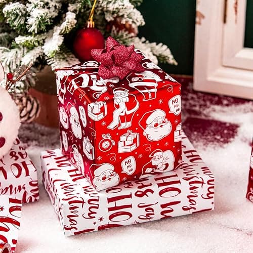 Yarcony Reversible Christmas Wrapping Paper Roll,Red Wrapping Paper, Metallic Foil Red Santa, HOHO Pattern Holiday Gift Wrap Paper for Christmas, Party, Celebration, New Year (17 Inch X 33 Feet) thumbnail 7