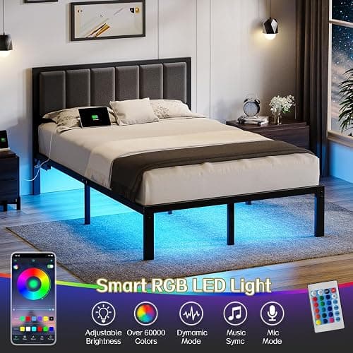 OLEVS Full Bed Frame with Headboard Metal Platform Bed Full Size with USB Charging Station and LED Lights, No Box Spring Needed thumbnail 3