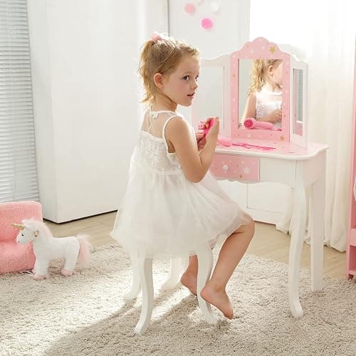 Teamson Kids Princess Gisele Twinkle Star Print 2-Piece Kids Wooden Play Vanity Set with Vanity Table, Tri-Fold Mirror, Storage Drawer, and Matching Stool, White with Pink and Gold Star Accent thumbnail 2