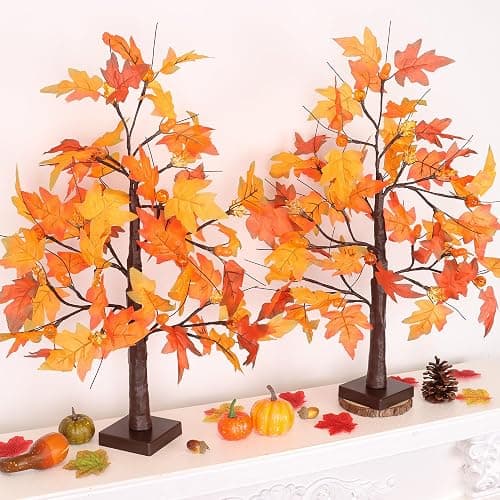 2 Pack 24 Inch Fall Maple Tree with 48LED Thanksgiving Table Decorations Battery Operated Lighted Tabletop Artificial Tree with Pumpkin Acorn Maple Fall Centerpieces Indoor Fall Decorations for Home thumbnail 2