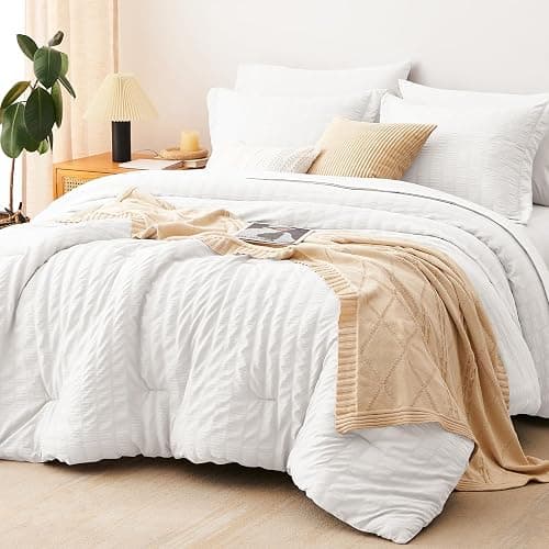 CozyLux Oversized Queen Comforter Set White Seersucker 7 Pieces 98x98 Bed in a Bag Comforter Set with Sheets, Luxury Soft Bedding Sets with Down Alternative Comforter, Sheets, Pillowcases & Shams thumbnail 9