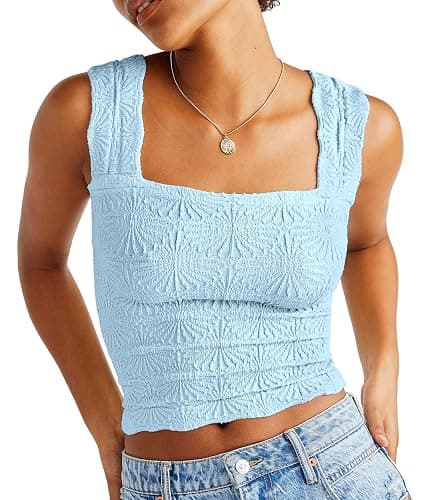DouBCQ Women Cute Crop Tank Top Square Neck Wide Strap Vest Slim Fit Floral Lettuce Trim Cropped Cami Tops - Image 1