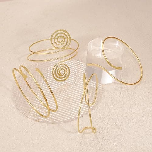 BROCC 4Pcs Gold Upper Arm Cuff for Women Open Adjustable Coil Arm Bracelets Minimalist Arm Armband Cuff Bracelets Set thumbnail 4