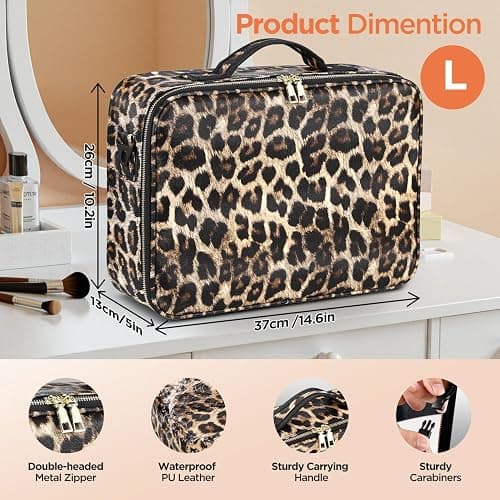 IPOW Travel Makeup Bag with LED Mirror, 3 Adjustable Light Settings, Customizable Dividers, Portable Travel Organizer, USB Charging, Leopard print, Large thumbnail 3