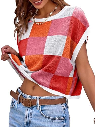 Saodimallsu Womens Cap Sleeve Crop Tops Summer Color Block Going Out Crew Neck Knit Trendy Casual Sweater thumbnail 3