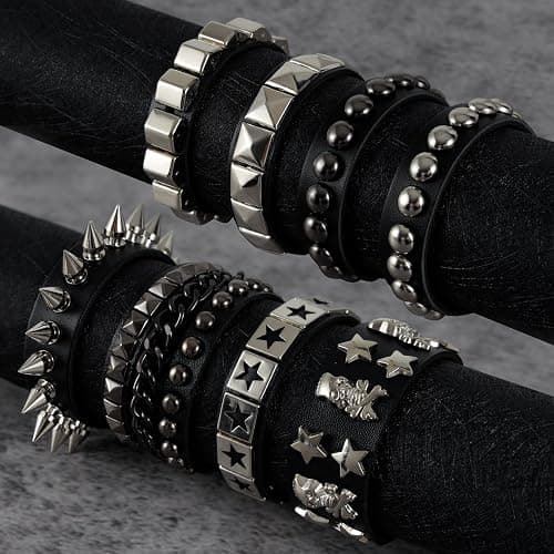 JAZTAKU Unisex Punk Leather Bracelet Spike Cuff Bracelet 80s Studded Wristband for Biker Hip Hop Punk Accessories thumbnail 3