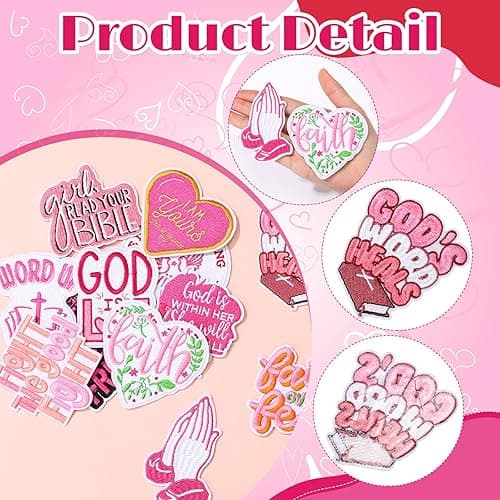 Lyrow 12 Pcs Bible Verse Christian Iron on Patches Religious Jesus Phrase Embroidery Set Christian Sew on Patches for Clothes Uniform Trucker Hat Jackets Jeans Backpack DIY Decorations(Pink Style) thumbnail 4
