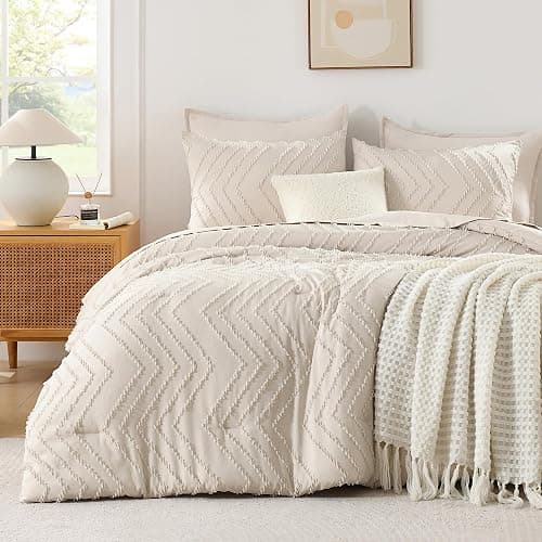 Andency Comforter Full Size Set, Beige Boho Cream Soft Warm Tufted Neutral Bedding Comforter Sets for Full Size Bed, 3 Pieces Aesthetic Chevron Farmhouse Cute Bohemian Textured Bedding Set thumbnail 2