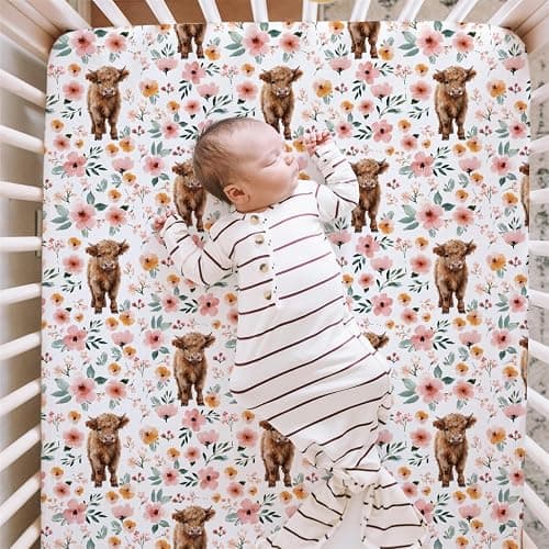 HawSkgFub Highland Cow Floral Boho Fitted Standard Crib Sheet for Baby Girl, Retro Western Farm Animal Yak Flower Toddler Mattress Cover, Soft Stretchy Nursery Bed Sheets Decor Kids Gift 52" x 28" thumbnail 4