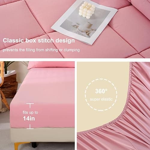 DOWNCOOL Queen Comforter Set, 7 Pieces Bedding Sets Queen Pink, All Season Down Alternative Bed in a Bag Queen with Comforter, Flat Sheet, Fitted Sheet, 2 Pillow Shams & 2 Pillowcases thumbnail 4
