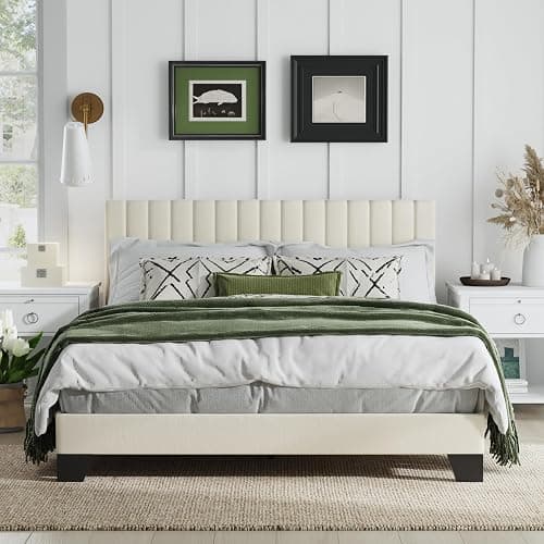 AILUNWALL Queen Size Bed Frame, Velvet Upholstered Platform Bed with Adjustable Tufted Headboard, Sturdy Frame and Slats, Noiseless, No Box Spring Required, Easy to Assemble, Beige - Image 1