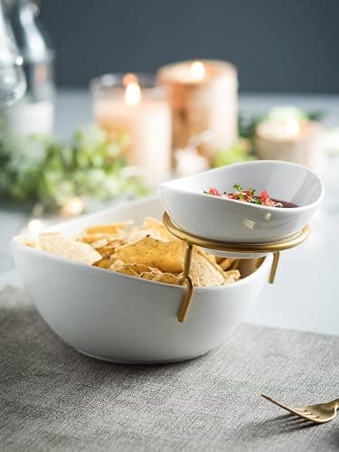 Miamolo Porcelain Serving Bowl Set for Appetizer Serving Dishes Set with 2 Compartment, Chip and Dip Taco Rack Display Salad Bar Serving Set, Gold Stand thumbnail 4