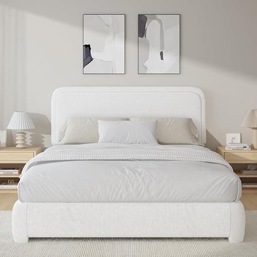 BarnFurin Queen Bed Frame with Headboard, Boucle Upholstered Platform Bed Frame, Luxurious Soft Rounded Corners, No Box Spring Required, Easy Assembly, White thumbnail 3
