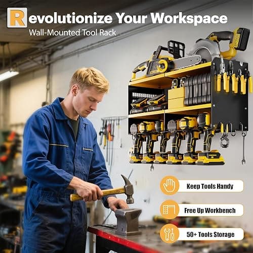 Spampur Large Power Tool Organizer Wall Mount with Charging Station, 3 Layer Heavy Duty Metal Tool Storage Rack Loads 420lbs with 6 Cordless Drill Holder, Utility Rack Loads with 4 Power Strip thumbnail 8