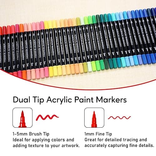 Recheel 72 Colors Acrylic Paint Markers, Dual Tip with Fine Tip and Brush Tip Pens for Stone, Wood, Canvas, Glass, Ceramic, Metal, Rock, Fabric, DIY Art Projects thumbnail 3