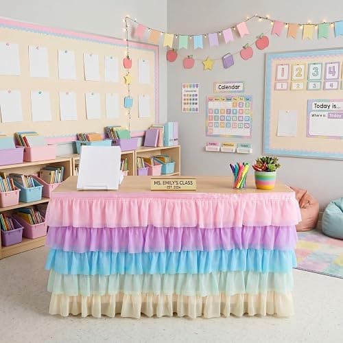 Tioncy 6 Ft X 30 in Pastel Ruffled Teacher Desk Skirt | Tulle Table Skirt, Rectangle, for Back to School First Day of School Classroom Office and Boho Birthday Party Decoration thumbnail 5