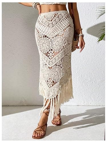 GORGLITTER Women's Crochet Beach Skirt Hollow Out Fringe High Waisted Bathing Suit Cover Up thumbnail 3