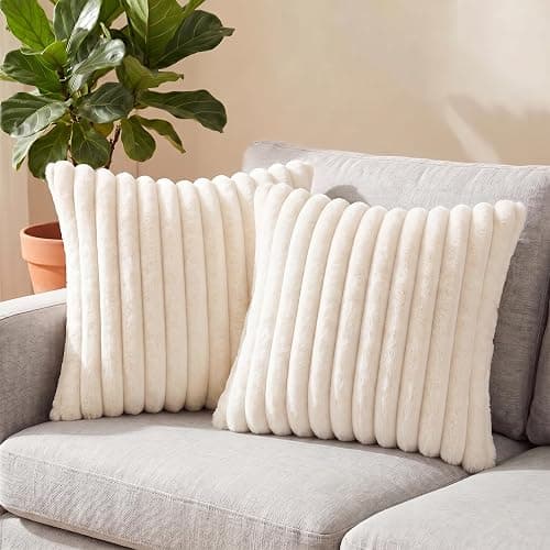 MEGAYES Pack of 2 Throw Pillow Covers 18x18 Decorative Solid Plush Faux Fur with Soft Velvet Back, Square Striped Cushion Cases Modern Farmhouse Home Decor for Living Room Couch Sofa Bed Cream White thumbnail 6