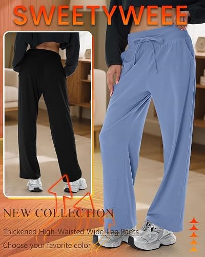 Sweetyweee 4 Pack Women's Fleece Lined Sweatpants Wide Leg Lounge Pants Baggy Thermal Winter Warm Baggy Sweats thumbnail 6