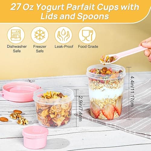 Vtopmart 4 Pack 27oz Yogurt Parfait Cups with Lids and Spoons, Overnight Oats Containers, Reusable Topping Compartment for Breakfast with Yogurt, Cereal or Oatmeal On-the-Go thumbnail 3