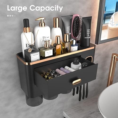 iHave Toothbrush Holders for Bathrooms - Upgrade Wall Mounted Toothbrush Holder with Toothpaste Dispenser - 3 Cups, Large Capacity Tray - Bathroom Accessories & Bathroom Storage thumbnail 3