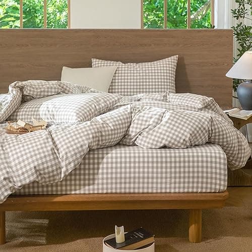 MooMee Gingham Duvet Cover Set 100% Washed Cotton Linen Like Textured Breathable Durable Soft Comfy Modern Checkered Design (Tannish Linen Grey Gingham, Palatial King/Oversized King 120"x98") thumbnail 6