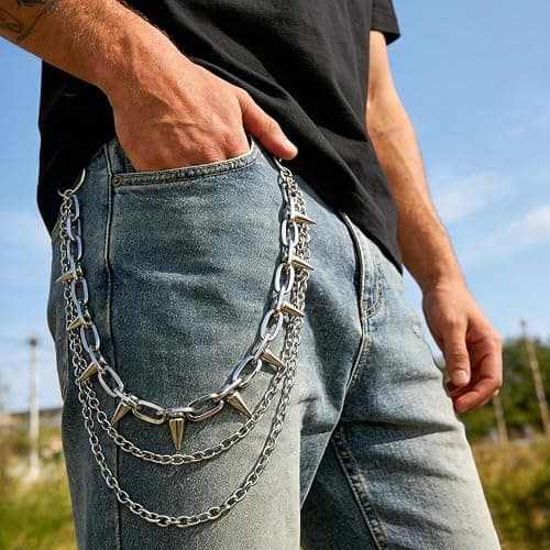 Longbitzen 6PCS Punk Style Jewelry Set with 1 Necklace, 4 Leather Studded Bracelets, 1 Pants Chain for Men Women, Gothic Rocker Grunge Accessories, 80s 90s Outfits thumbnail 5