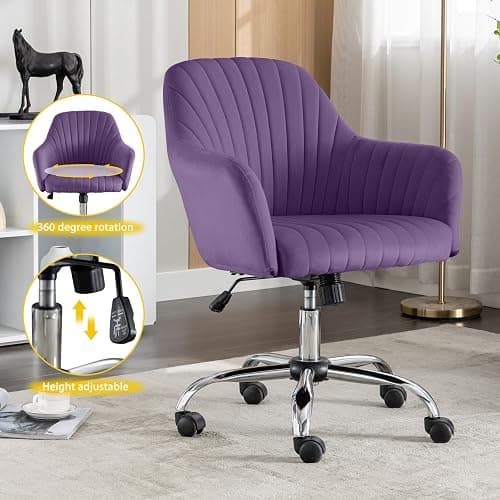 Anwickhomk Purple Vanity Desk Chair Comfy with Back and Wheels,Velvet Rolling Office Chair for Vanity Makeup Room,Height Adjustable,360 Swivel (Purple) thumbnail 7
