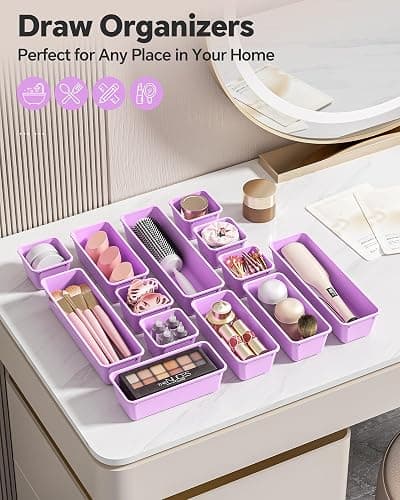 Canfanni 13 Pack Plastic Drawer Organizers Set, 3 Sizes Desk Drawer Organizer Trays for Vanity and Makeup Organizer, Organization and Storage for Makeup, Kitchen Utensils, Bathroom and Office(Purple) thumbnail 7