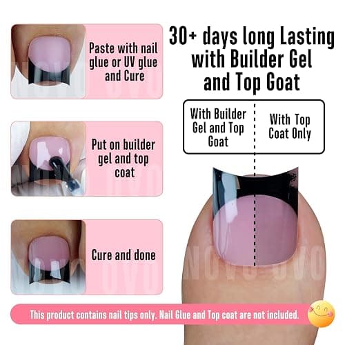 NOVO OVO Halloween Black French Tip Short Toe Nail Tips Press on with Moon Curve, BERRY PINK Thick Sharp Square Toenail Extension, Soft Gel False Nail Kit, Need Glue Builder Gel x 15 Sizes 240 pcs thumbnail 5