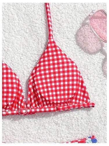 RoseSeek Girl's 2 Piece Swimsuits Floral Gingham Halter Triangle Wireless Bikini Bathing Suit thumbnail 4