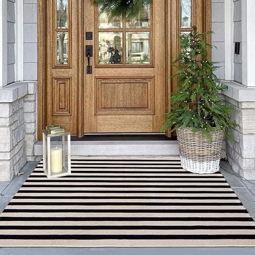 Rustaa Indoor Outdoor Rug 3x5 Front Door Mat Outdoor Cotton Welcome Mat Outdoor Farmhouse Layered Mat Washable Stripe Outdoor Mats for Entrance Front Door Porch Balcony(Black/Tan) - Image 1