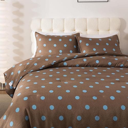Caressma Brown Full Comforter Set with Polka Dots 3 Pieces Bedding Set | Mustard Yellow with Polka Dot Comforter Bed Set, Cozy Washed Seersucker Comforter Set with Pillowshams thumbnail 2
