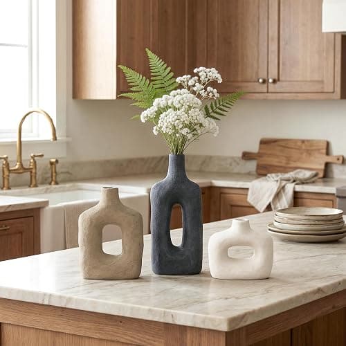 DREAMLOOM Ceramic Vase Set of 3, Modern Rustic Flower Vases for Pampas Grass, Dried & Fresh Flowers, Farmhouse Decorative Vase for Living Room Bedroom Kitchen Shelf Centerpiece, Black thumbnail 7