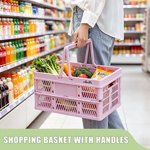 Pink crates for storage,plastic baskets for organizing,14.96" x9.84"x 7.87" collapsible shopping basket,20L foldable crate with Handles,Car Milk Dairy crate for Kitchen,Bathroom,school,office thumbnail 4
