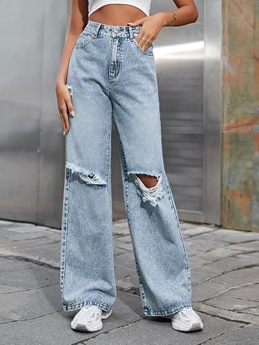 CHEZVOGUE Women's High Waisted Ripped Wide Leg Denim Pants Casual Loose Fit Jeans thumbnail 2
