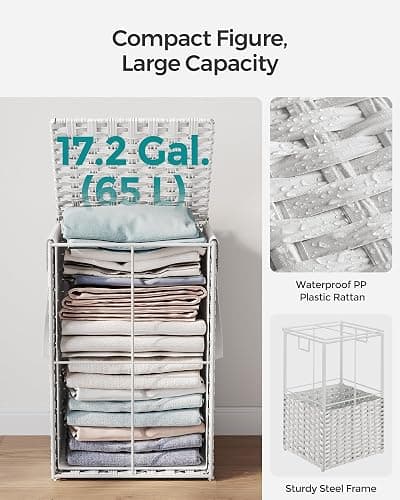 SONGMICS Laundry Hamper with Lid, 17.2 Gallon (65 L) Synthetic Rattan Clothes Laundry Basket with Lid and Handles, Foldable, Removable Liner, Cloud White ULCB165W01 thumbnail 6