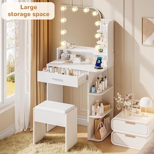 wanan Makeup Vanity with Chair, Small Vanity Desk with Mirror and Lights 3 Colors, Girls Vanity Set with Power Outlet, Compact Vanity Table for Small Space, White thumbnail 4