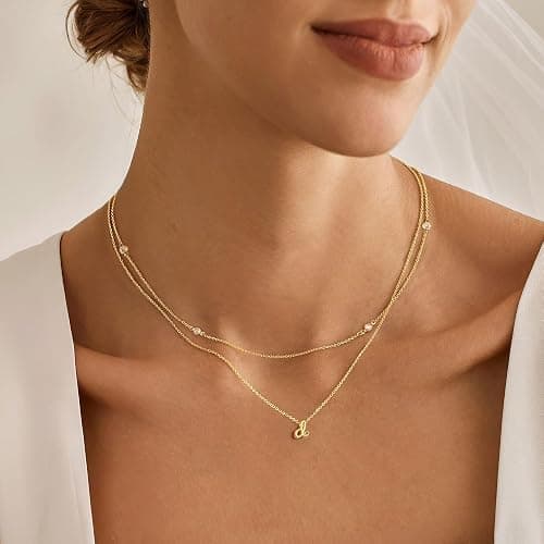 Turandoss Layered Cursive Initial Necklace for Women, 14K Gold Plated A–Z Letter Pendant Jewelry, 15"+2.5" CZ Choker & 17"+2.5" Alphabet Necklace, Dainty Personalized Gift for Her - Image 1